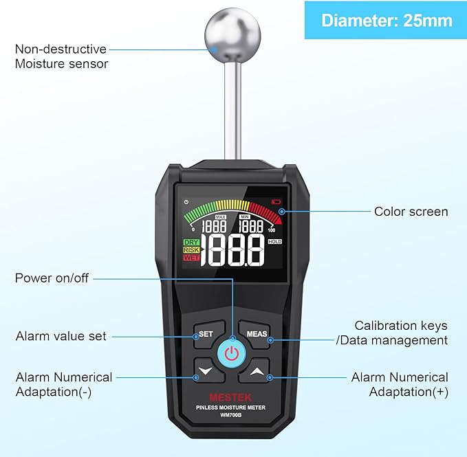 MESTEK Pinless Moisture Meter for Wood, Walls & Drywall, Digital Moisture Detector, Concrete Moisture Meter & Firewood Reader, Detects up to 40mm Below Surface with 3-Color LCD Display, Audible Alarm