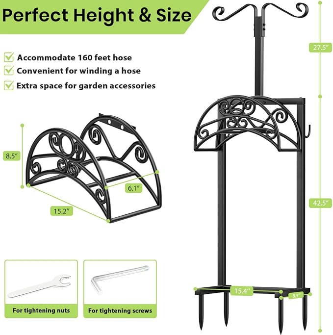 TomCare Garden Hose Holder with 2 Shepherds Hooks Upgraded Heavy Duty Water Hose Holder Holds 160 FT Hoses Freestanding Hose Reel with 2 Tool Hooks Outdoor Hoses Storage Hanger for Outside Yard, Black