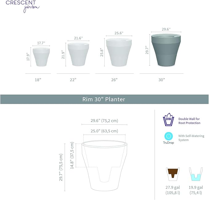 Crescent Garden Rim TruDrop Planter, Self-Watering Plant Pot, 30-Inch (Caviar Black)