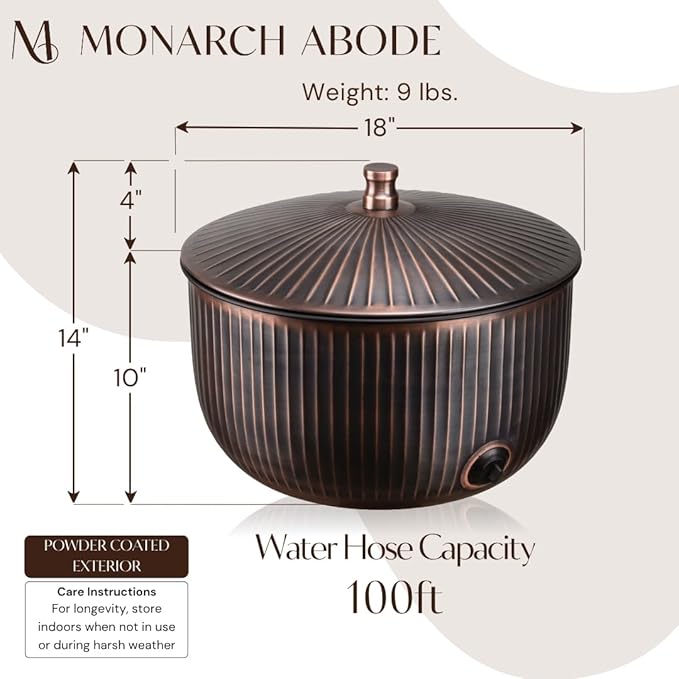 Monarch Abode Garden Hose Holder with Lid – Decorative Water Hose Holders for Outside, Ridge Embossed Metal Antique Copper Pot with Drainage, 100ft Waterhose Holder for Outside, Garden Storage Caddy