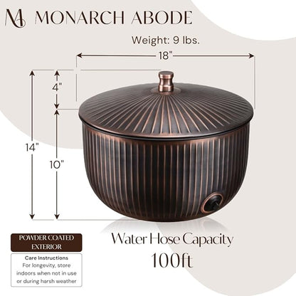 Monarch Abode Garden Hose Holder with Lid – Decorative Water Hose Holders for Outside, Ridge Embossed Metal Antique Copper Pot with Drainage, 100ft Waterhose Holder for Outside, Garden Storage Caddy