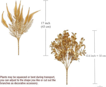 PASYOU Fake Plants Gold Flowers Bouquet Christmas Decoration, Artificial Shrubs Plastic Grass Leaves Indoor Outdoor Home Garden Party Hotel Verandah Wedding Event Faux DIY Table Decor - Golden 4 Pack