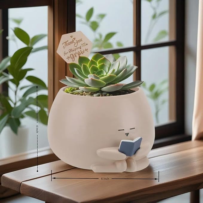 Bookworm Planter Pot Succulent Pot for Book and Plant Lover & Thank You Card, Emotional Support Gift, End of School Gift, Teacher Gifts Mother Dad Appreciation M