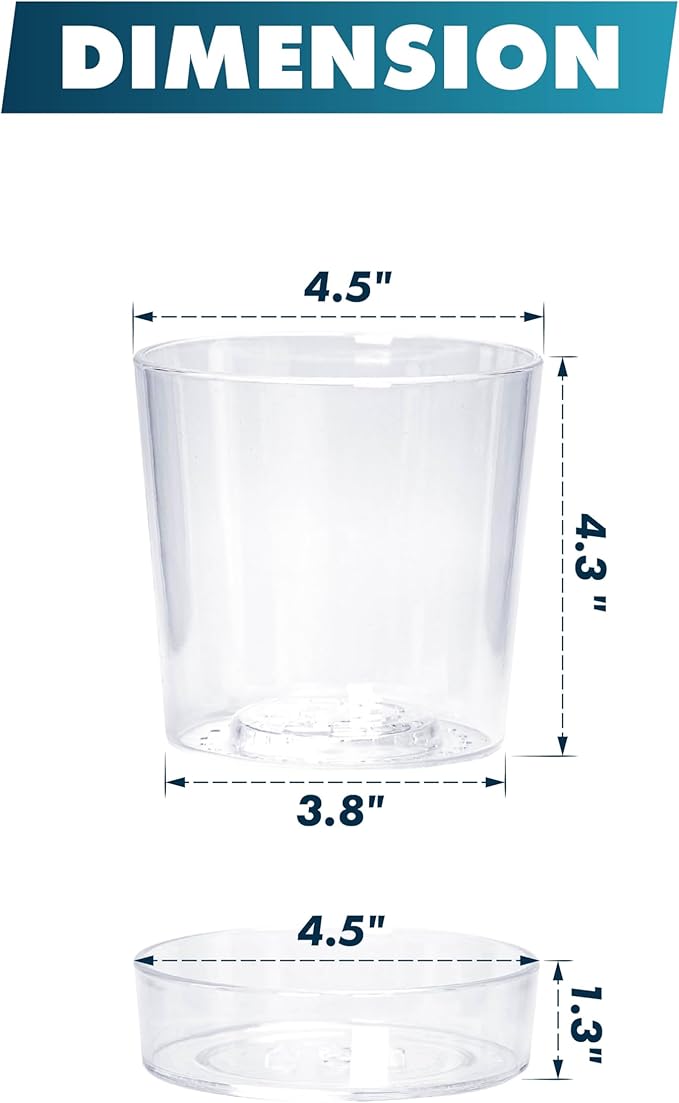 Phoenix Vine 4.5 Inch Clear Acrylic Planter Pot with Tray, Orchid Pot with Drainage Holes, Deep Saucer for Bottom Watering, Transparent Containers for Indoor Plants, Herbs, Set of 3, 91-A-E-3