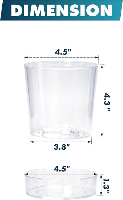 Phoenix Vine 4.5 Inch Clear Acrylic Planter Pot with Tray, Orchid Pot with Drainage Holes, Deep Saucer for Bottom Watering, Transparent Containers for Indoor Plants, Herbs, Set of 3, 91-A-E-3