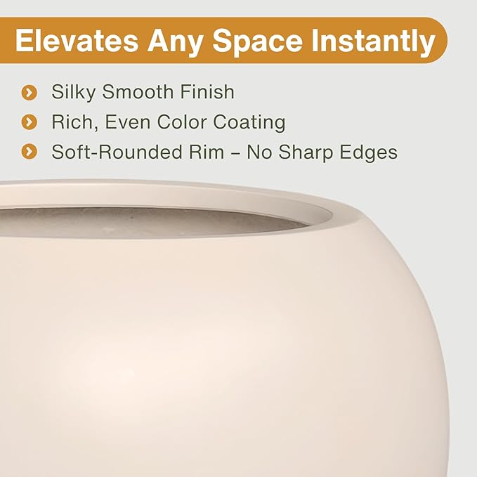 16”H x 20”D Globo Fiberstone Round Planter with Drainage Hole, Smooth Finishes, Weather Resistant for Indoor and Outdoor Use, Included 2 Extra Coco Mats (Kilim Beige, 13.5” Pot Opening)
