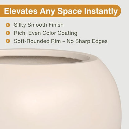 16”H x 20”D Globo Fiberstone Round Planter with Drainage Hole, Smooth Finishes, Weather Resistant for Indoor and Outdoor Use, Included 2 Extra Coco Mats (Kilim Beige, 13.5” Pot Opening)