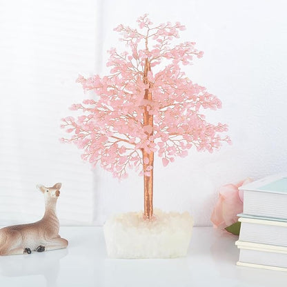 Rose Quartz Gemstone Crystal Tree of Life - Clear Quartz Base,Chakra Tree Positive Energy,Bonsai Money Tree Feng Shui Decor,Emotional Healing Crystal of Love, Spiritual Gift