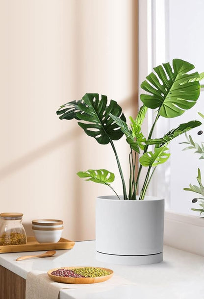 Aveyas 8 inch Ceramic Plant Pot with Drainage Hole and Saucer - Suitable for Indoor and Outdoor Use, Modern Planters for House Garden Flower Tree Snake Monstera Plants (8", Glossy White)