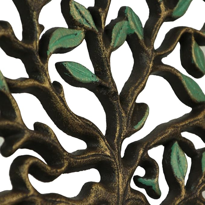 Zeckos Green/Bronze Finish Cast Iron Tree of Life Decorative Wall-Mounted Garden Hose Hanger - Stylish Outdoor Hose Holder Décor - 12-Inch Diameter - Weather-Resistant