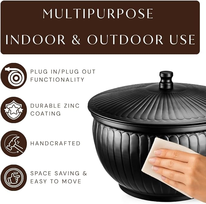 Monarch Abode Garden Hose Holder with Lid – Decorative Water Hose Holders for Outside, Arch Embossed Metal Matte Black Pot with Drainage, 100ft Waterhose Holder for Outside, Garden Storage Caddy