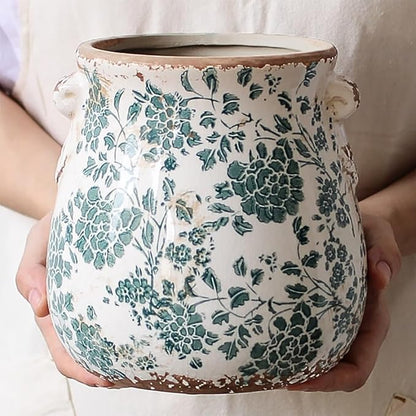 Tuscan Ceramic Planters, 6.68 Inch Vintage Plant Pots with Drainage for Indoor/Outdoor, Country Cottage Vase & Flower Pots for Home and Garden Decor, Gifts for Plant Lovers, Cyan