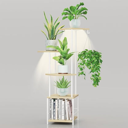 Plant Stand Indoor with Grow Light, 5-Tiered Tall Plant Stand Indoor, Metal Plant Shelf with Hanging Basket Hook and Adjustable Light, Ideal for Living Room, Garden, Patio (Maple)
