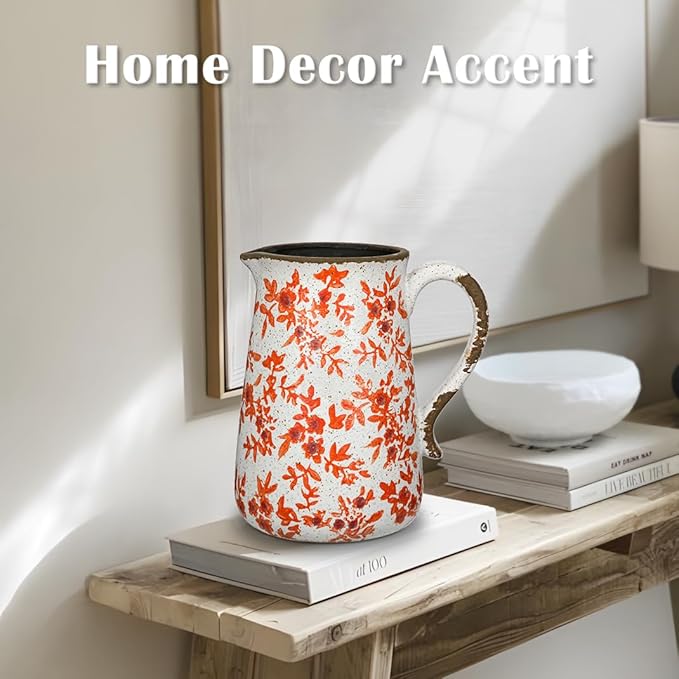 Ceramic Rustic Farmhouse Vase, 7.9" Orange Red and White Vase for Centerpieces Chinoiserie Vases Pottery Jug with Handle Chinoiserie French Country Decor Vintage Vases for Kitchen Dinner Table