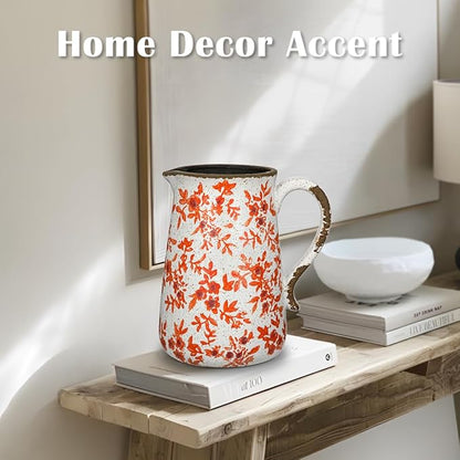 Ceramic Rustic Farmhouse Vase, 7.9" Orange Red and White Vase for Centerpieces Chinoiserie Vases Pottery Jug with Handle Chinoiserie French Country Decor Vintage Vases for Kitchen Dinner Table