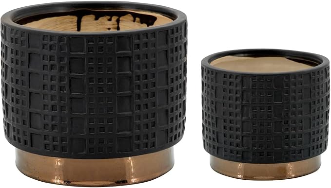 Set of 2 Mesh Metallic Decorative Planter Pot with Gold Accents – Ceramic Stoneware Outdoor & Indoor Plant Pot – Modern Garden & Home Decor Planters – 6" & 7", Black