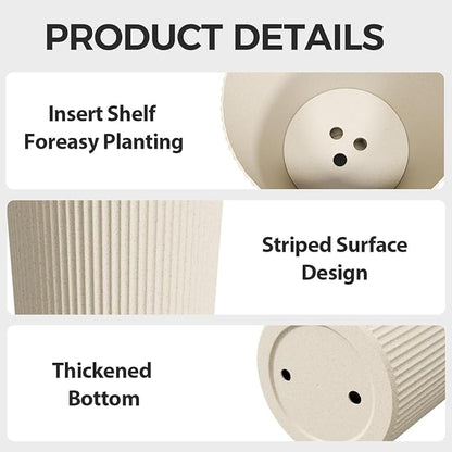 Tall Outdoor Planter Set of 2-23.6" Large Striped Plastic Flower Pots, Decorative Indoor/Outdoor Planters for Porch, Patio, Balcony & Garden, Cream