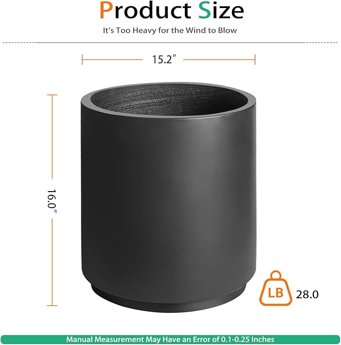 Round Concrete Planter Outdoor Indoor, Large Cement Plant Pots for Flowers (Black, 16 inch)