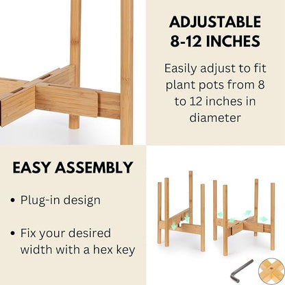 Fox & Fern Adjustable Tall Plant Stand Indoor — 8 to 12 Inch Premium Mid Century Bamboo Plant Stand with Adjustable Width; Plug In Design; Easy to Assemble; Two Heights - For 8, 9, 10, 11 & 12 In Pots