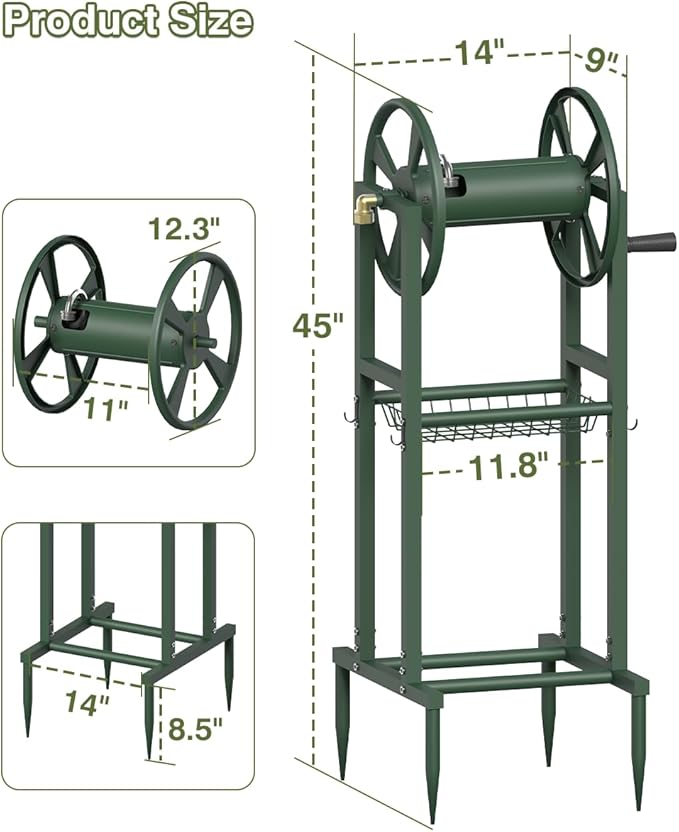 Freestanding Garden Hose Reel holds 125ft Hose of 5/8" with 4 Hooks, 4-Spike Outdoor Hose Holder with 3.9ft Leader Hose & Brass Fitting, Detachable Metal Hose Stand with Storage Rack, Green
