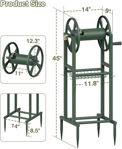 Freestanding Garden Hose Reel holds 125ft Hose of 5/8" with 4 Hooks, 4-Spike Outdoor Hose Holder with 3.9ft Leader Hose & Brass Fitting, Detachable Metal Hose Stand with Storage Rack, Green