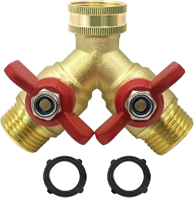 Hooshing Brass Garden Hose Splitter 3/4" GHT Hose Y Splitter 2 Valves Water Hose Faucet Adapters with Washers