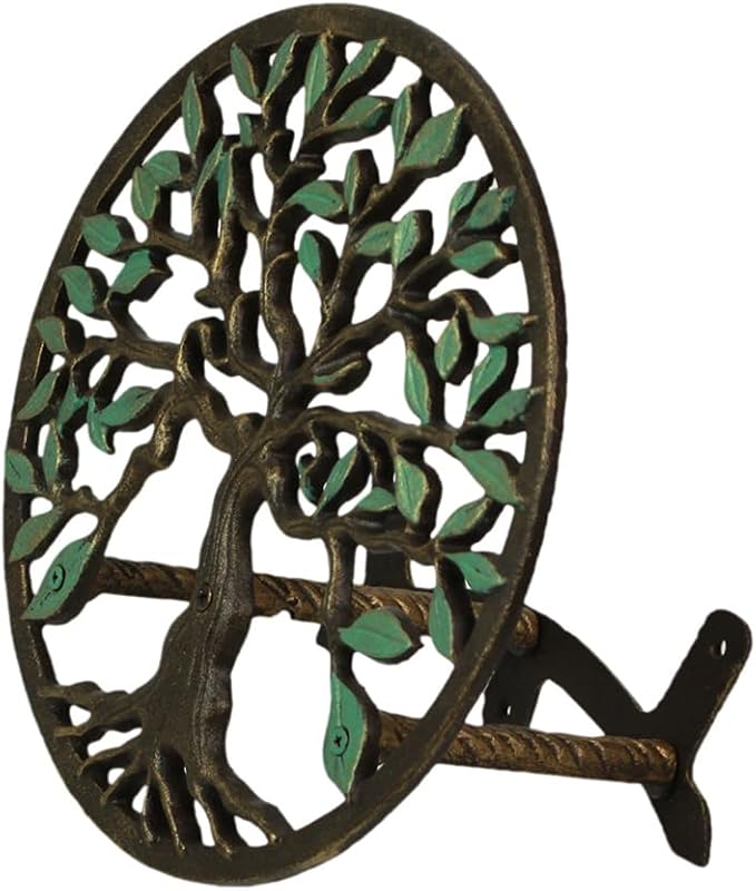 Zeckos Green/Bronze Finish Cast Iron Tree of Life Decorative Wall-Mounted Garden Hose Hanger - Stylish Outdoor Hose Holder Décor - 12-Inch Diameter - Weather-Resistant