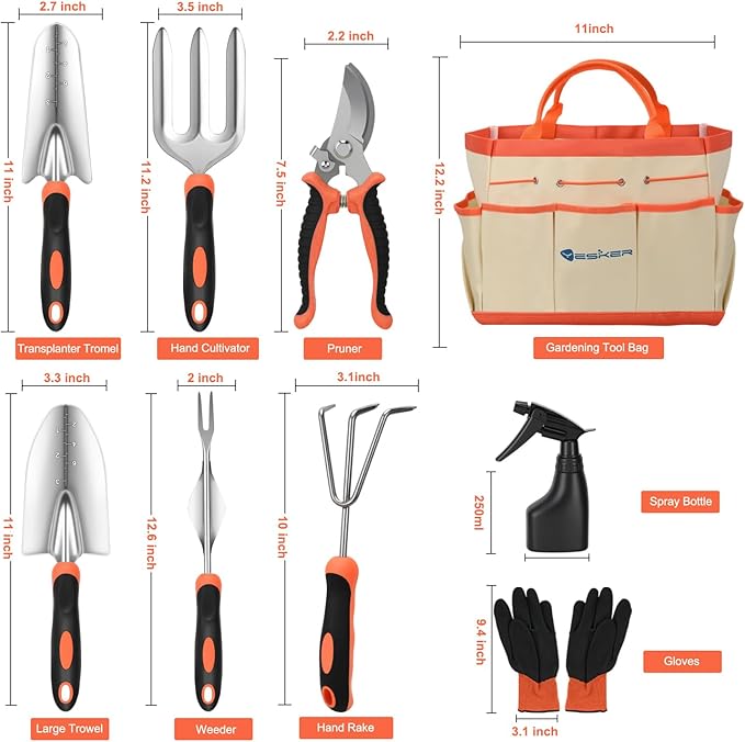 Yesker Gardening Tools 9-Piece Heavy Duty Garden Tool Set Gardening Supplies Gifts for Women Men Gardening Hand Tool Kit w Non-Slip Ergonomic Handle, Garden Bag, Durable Gloves, Spray Bottle, Orange