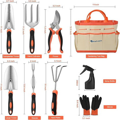 Yesker Gardening Tools 9-Piece Heavy Duty Garden Tool Set Gardening Supplies Gifts for Women Men Gardening Hand Tool Kit w Non-Slip Ergonomic Handle, Garden Bag, Durable Gloves, Spray Bottle, Orange