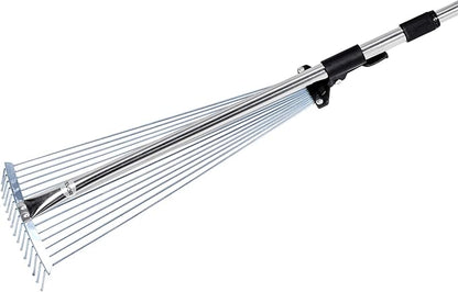 VEVOR Leaf Rake, 15 Metal Tines, Adjustable Garden Rake for Lawns with 7.5-22.4 Inch Wide Head & 32-63 Inch Long Handle, Heavy Duty Stainless Steel Small Leaves Tool for Gardening Camping Yard Grass