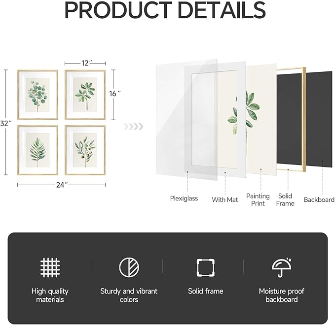Framed Boho Sage Green Botanical Wall Art for Living Room, Farmhouse Minimalist Plant Artwork for Walls, 4 piece Vintage Leaf Picture Prints for Bathroom Bedroom Kitchen Wall Decor, 12x16 Inch