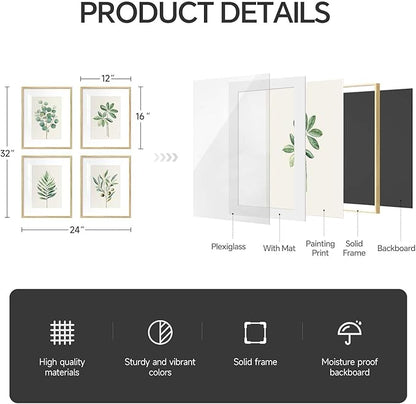 Framed Boho Sage Green Botanical Wall Art for Living Room, Farmhouse Minimalist Plant Artwork for Walls, 4 piece Vintage Leaf Picture Prints for Bathroom Bedroom Kitchen Wall Decor, 12x16 Inch