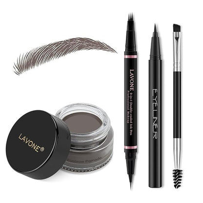 LAVONE Eyebrow Pencil Makeup Kit, with Waterproof 2-IN-1 Microblading Eyebrow Pen, Eyebrow Pomade, Eyeliner and Dual-ended Eyebrow Brush, Brow Pencil Kit for Natural Eyebrows - Ebony