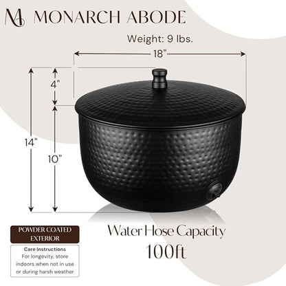 Monarch Abode Garden Hose Holder with Lid – Decorative Water Hose Holders for Outside, Hand Hammered Metal Matte Black Pot with Drainage, 100ft Waterhose Holder for Outside, Garden Storage Caddy