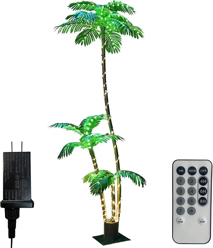Artificial Palm Tree Christmas Tree 7Ft 3Trunks 260LED Lighted Simulation Tropical Palm Tree Fake Plant Light for Patio Home Office Beach Yard Cruise Hawaiian Party Tiki Bar Decorations - Electric