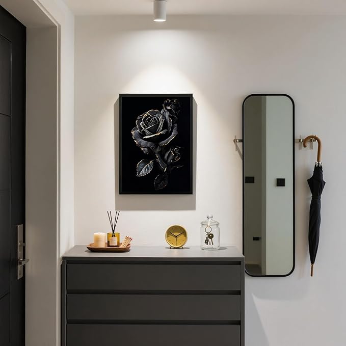 Canvas Bathroom Wall Art Prints Black Framed Wall Art Decor Black Gold Flowers Wall Art Decor Artwork for Walls Wall Pictures for Bathroom Botanical Hallway Over Bed Wall Art Decorations 16x20 Inchs
