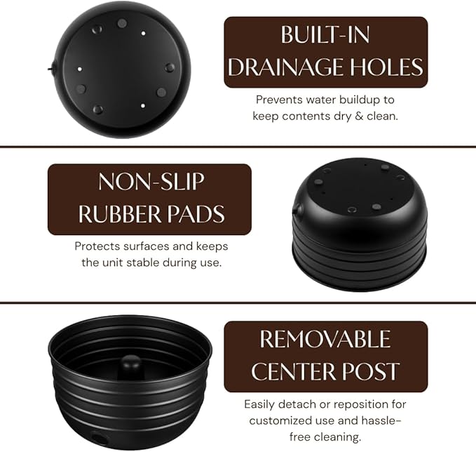 Monarch Abode Garden Hose Holder with Lid – Decorative Water Hose Holders for Outside, Border Embossed Metal Matte Black Pot with Drainage, 100ft Waterhose Holder for Outside, Garden Storage Caddy
