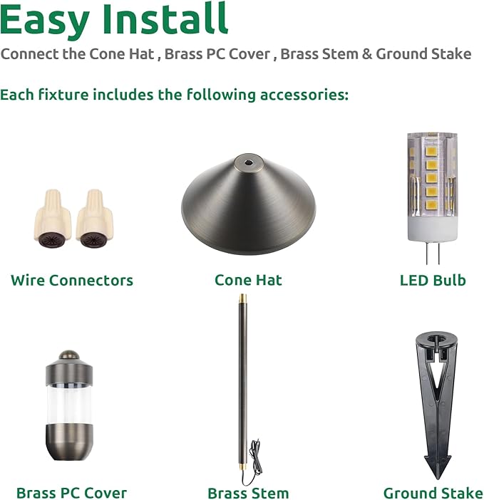 DOSHINE® Solid Brass Low Voltage Landscape Lighting Pathway Lights (7" Shade, 22" Tall) with Replaceable 3W G4 LED Bulb 3000K AC/DC 12V and Ground Stake for Outdoor Walkway Driveway (UMB,4-Pack)