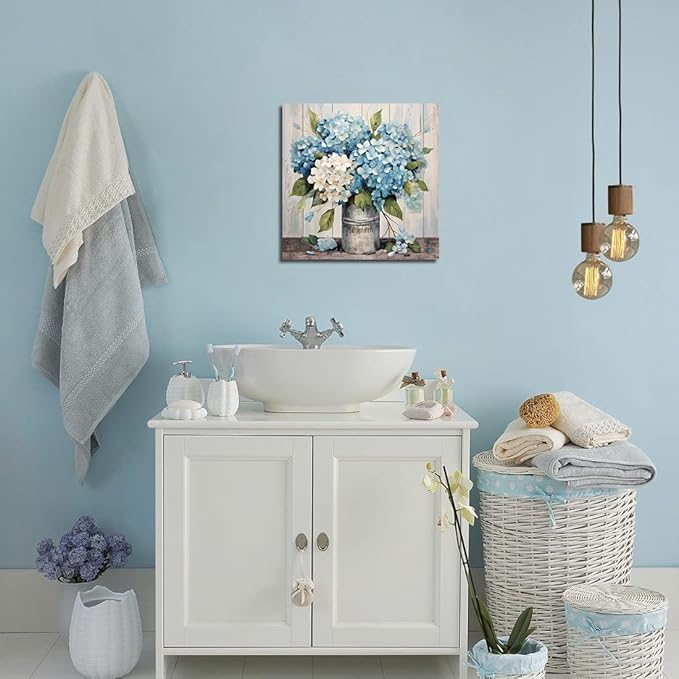 LAIART Blue Floral Wall Art Farmhouse Wall Decor Canvas Picture Print for Bathroom Bedroom Living Room Dining Room