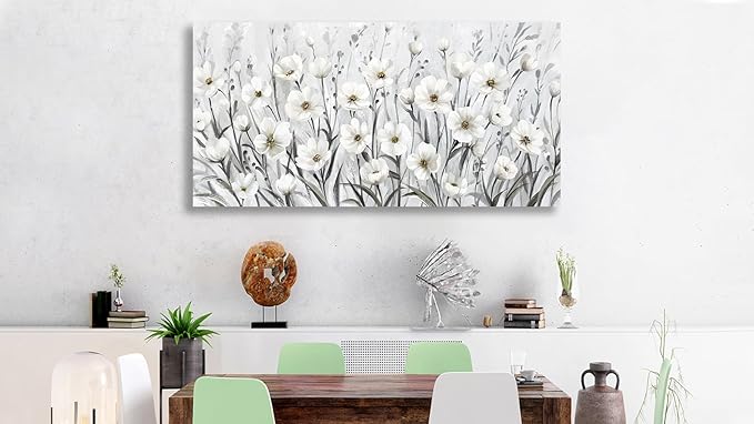 arteWOODS Flowers Canvas Wall Art - Grey White Wildflowers Pictures Wall Decor Botanical Painting Artwork Elegant Floral Prints for Living Room Bedroom Office Home Decor Ready to Hang 48 x 24in