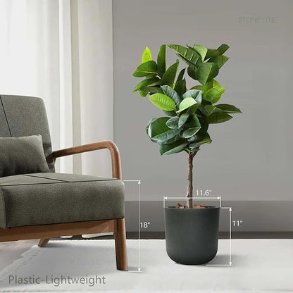 11 Inch Modern Cylinder Planters for Outdoor Indoor Plants, Plastic Pots for Plants with Drainage Hole and Rubber Plug, Plant Pots Indoor for Home Garden Patio Office, Cylinder Flower Pot, Coal Black