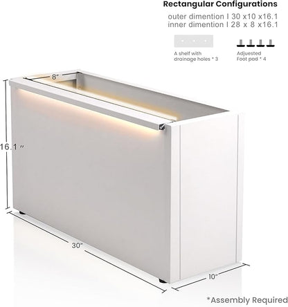 GSK 30" L White LED Metal Planter Flower Box Outdoor Illuminate Magnetic 3000K LED Light Strips Glow Vibe Modern Rectangle Raised Trough Drainage Holes Indoor Patio Balcony or Garden Decor