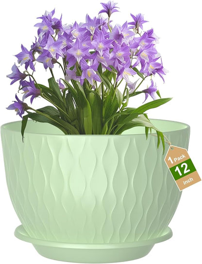 12 Inch Large Plant Pots, Flower Pots with Multi-Mesh Drainage Holes and Saucer, Plastic Planters for Indoor and Outdoor Garden Plants (Green, 12")