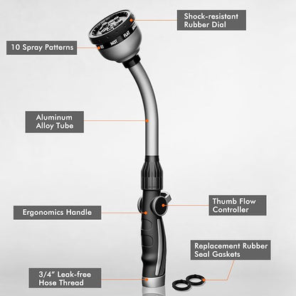 RESTMO Watering Wand Heavy Duty, Metal Garden Hose Wand with Thumb Flow Control, 15-Inch Long Hose Nozzle Sprayer with 10 Spray Patterns, Ideal to Water Hanging Baskets and Shrubs, Silver