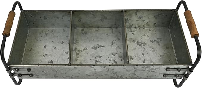 Rustic Galvanized Metal 3-Compartment Planter with Wood Handles, Vintage Style Succulent Herb Flower Pot for Indoor Outdoor Garden, Kitchen, Windowsill Decor