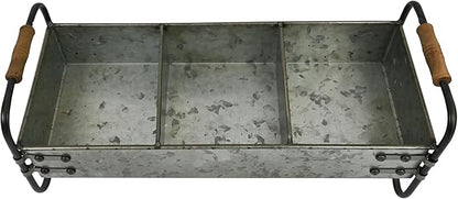 Rustic Galvanized Metal 3-Compartment Planter with Wood Handles, Vintage Style Succulent Herb Flower Pot for Indoor Outdoor Garden, Kitchen, Windowsill Decor
