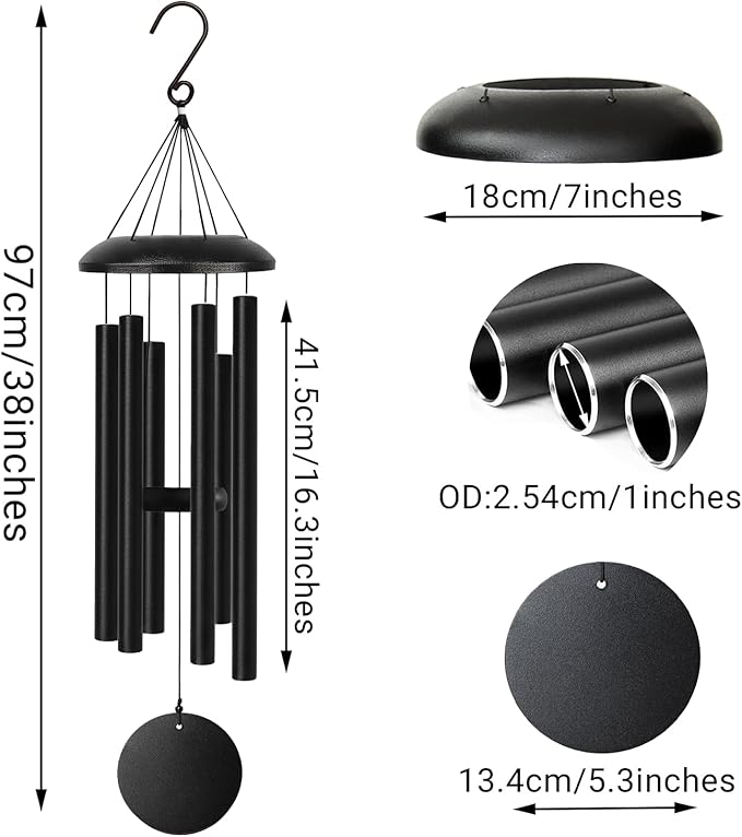 Wind Chimes for Outside Deep Tone, 38" Large WindChimes with 6 Tubes, 100% Rustproof Aluminum, Memorial Gift or Garden Patio Porch and Outdoor Décor(Black)
