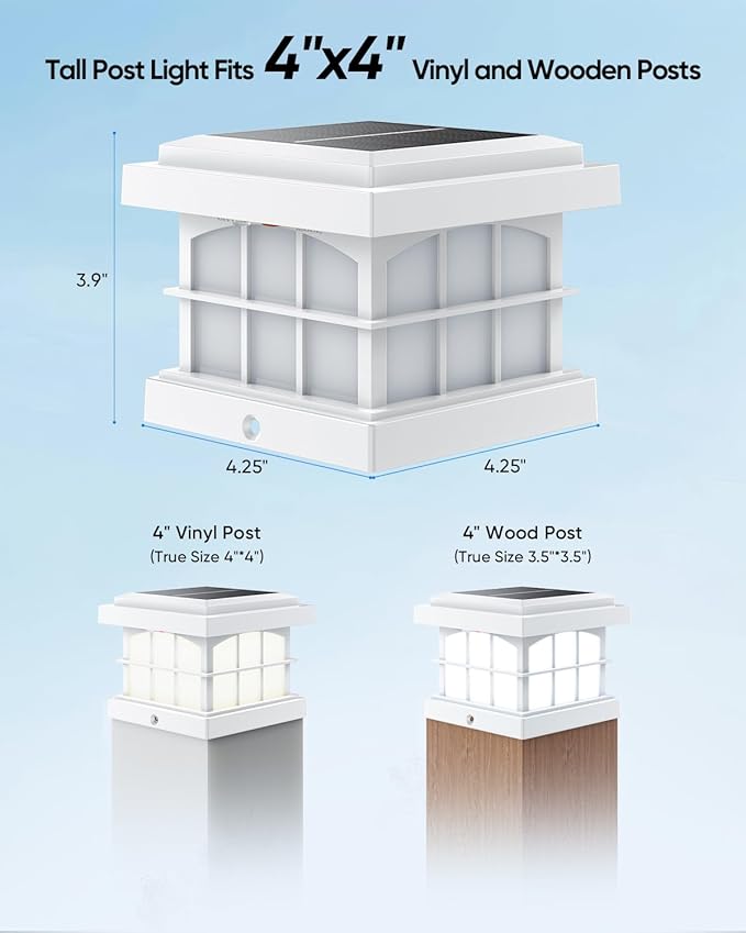 PARTPHONER RGBCW Solar Post Cap Lights 8-Pack, 9 Colors 3 Modes Fence Cap Lights, Bright Solar Outdoor Waterproof LED Deck Lighting for Fence Garden Deck Patio Porch Decor 4x4 Vinyl/Wood, White