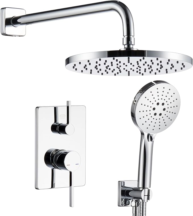 Shower System Set Includes 10-Inch Rainfall Shower Head, 3-Setting Handheld Spray and Pressure Balance Valve, Polished Chrome Wall Mounted SF001CH-D10