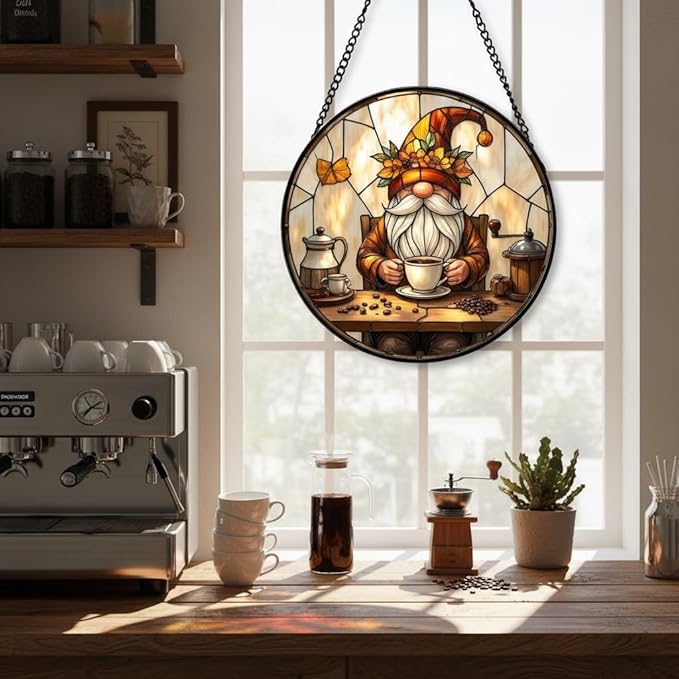 Stained Glass Window Hanging, Coffee Gnome Sun Catcher for Indoor Window Decoration, Stained Glass Coffee Nook/Corner Decor Gift for Women and Men G48 (6.3'')